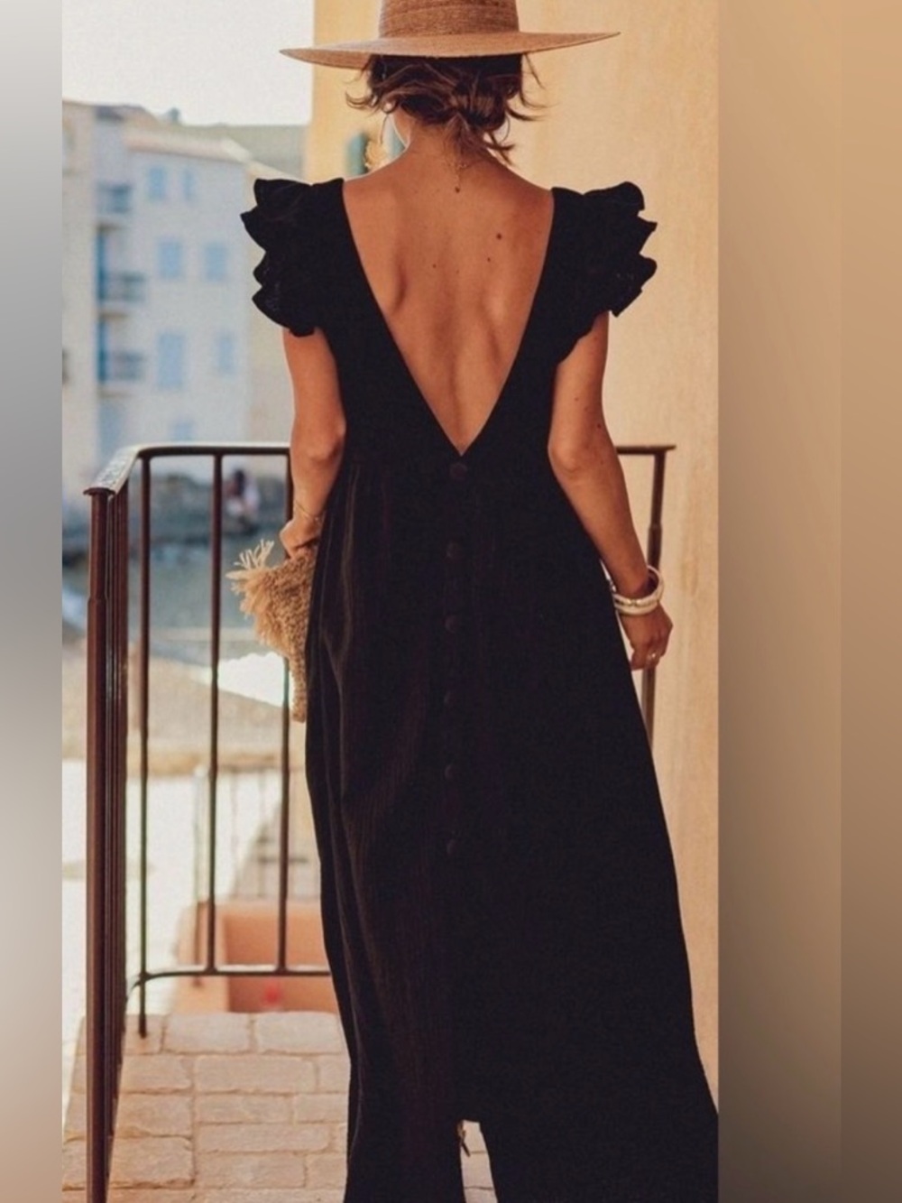 Stella & Suzie Loris Black Gauze Maxi Dress Ruffle V-Back Button Detail Size XS
